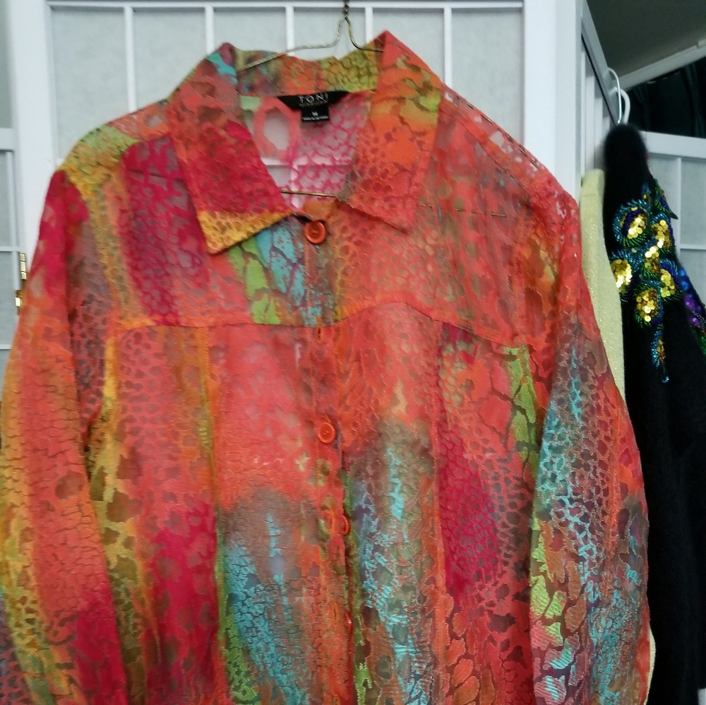 Orange multicolored burnout woven top or jacket